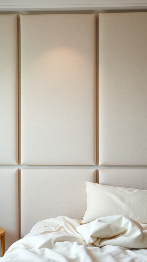 Fabric wall panels behind a bed in a small bedroom, featuring soft textures and neutral colors.