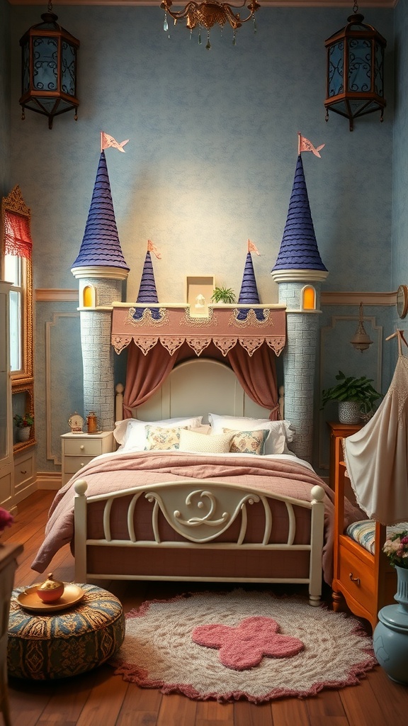 A cozy bedroom designed like a fantasy castle with blue towers and soft bedding.