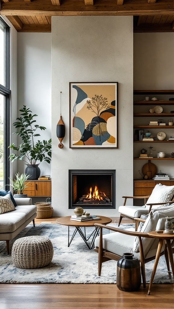 Cozy Boho Mid-Century Modern living room featuring a fireplace with warm glow and stylish furniture.