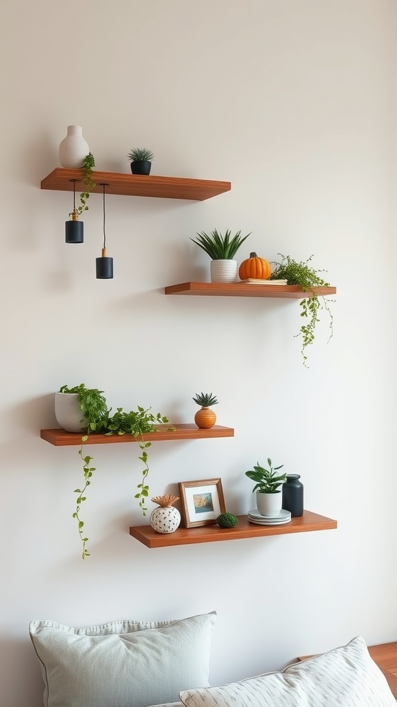 A set of floating shelves displaying various decor items such as plants, vases, and a photo frame against a light wall.