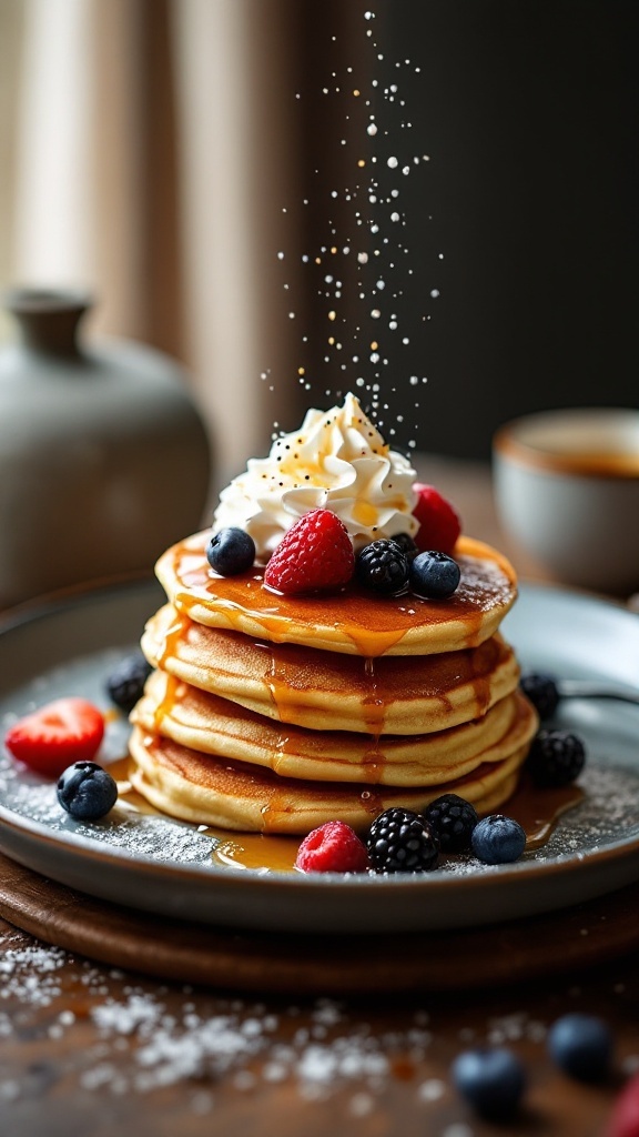 Fluffy pancakes stacked with berries and whipped cream, served on a plate.