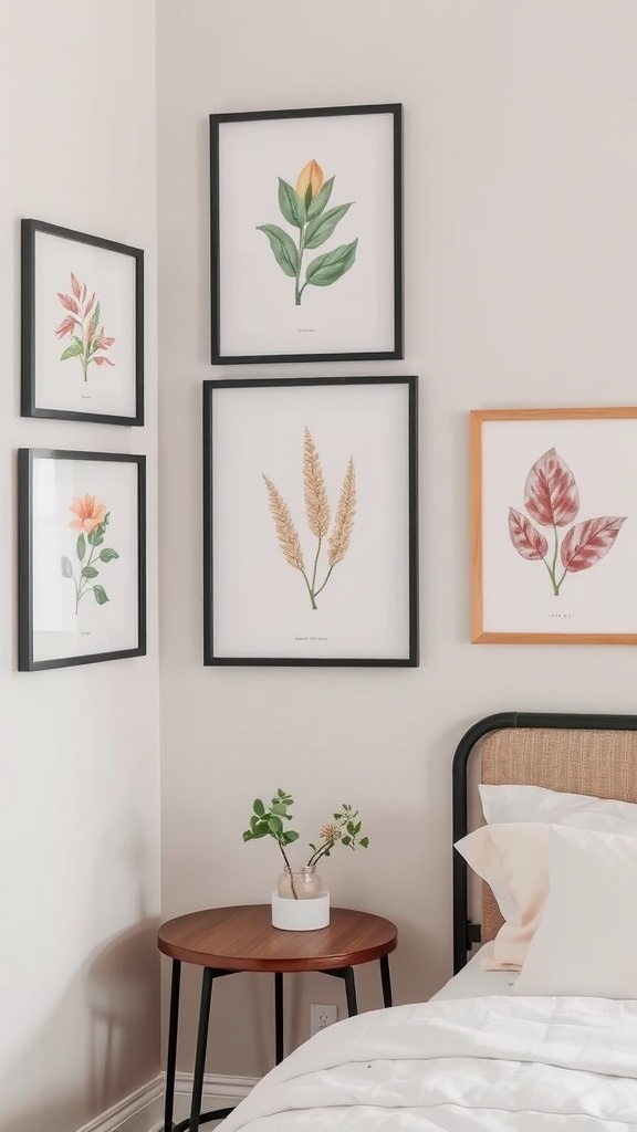 Framed botanical prints on a bedroom wall, with a wooden side table and small plant.