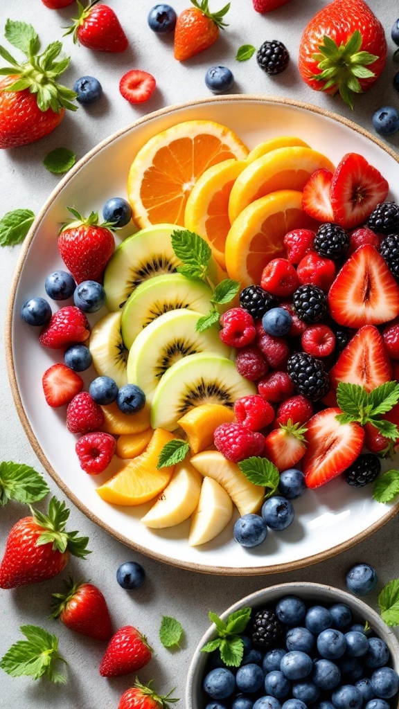 A vibrant arrangement of fresh fruits including strawberries, kiwis, oranges, and blueberries on a plate.