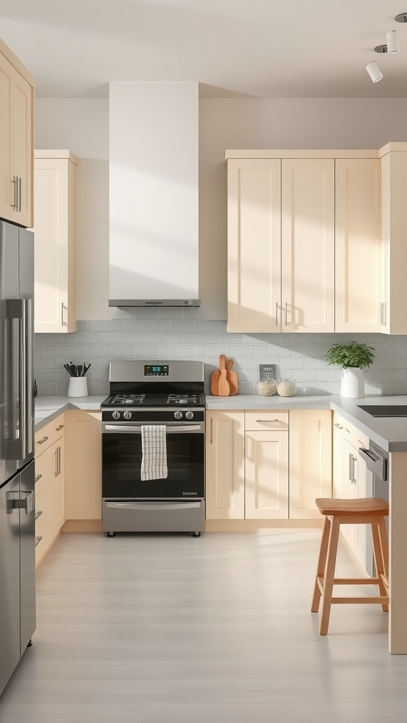 A kitchen with frosted almond cabinets, gray countertops, and stainless steel appliances, creating a bright and inviting atmosphere.