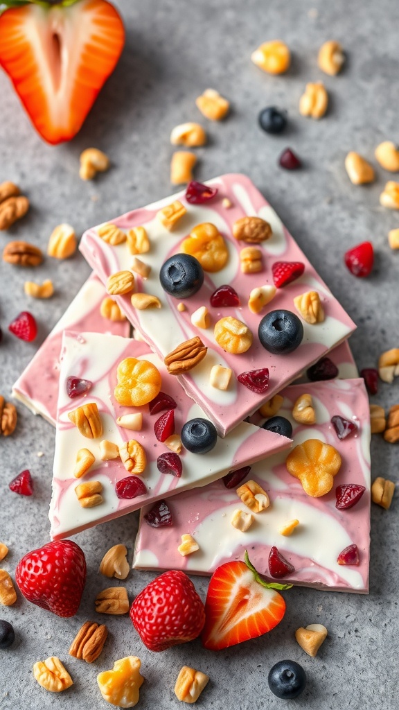 Frozen yogurt bark topped with assorted fruits and nuts.