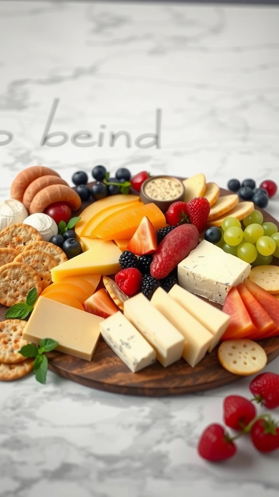 A beautifully arranged fruit and cheese board with various cheeses, fruits, and crackers.