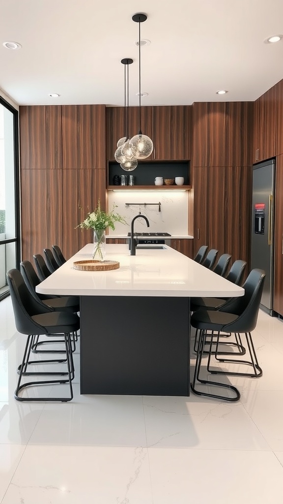 A modern kitchen featuring a functional island with seating, black and white design elements, and pendant lighting.