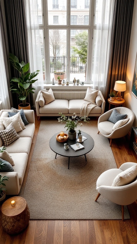 Boho Mid-Century Modern Living Room with inviting seating arrangements and a cozy rug.