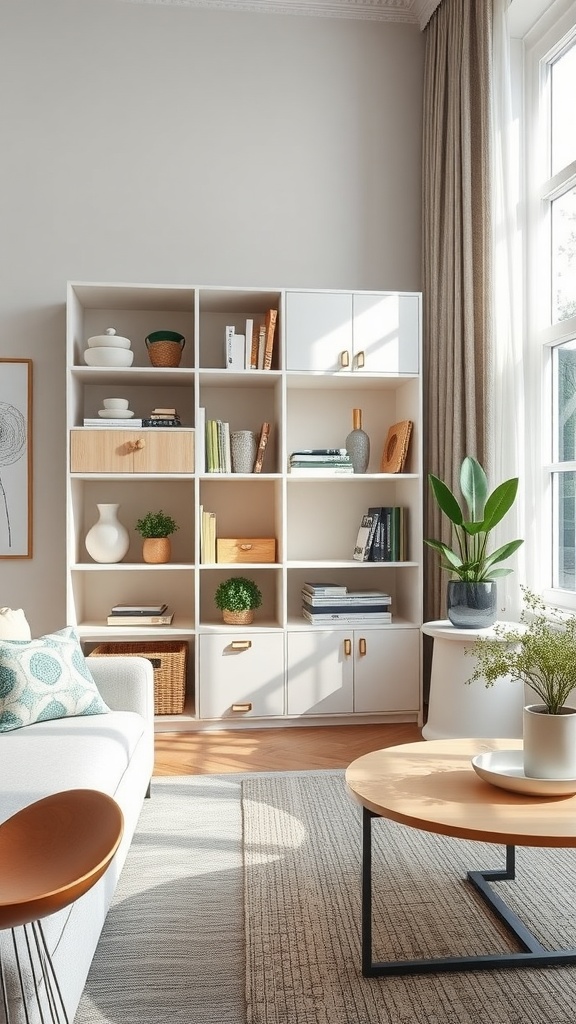 A modern living room with a stylish shelving unit for functional storage, featuring a mix of open and closed storage options.