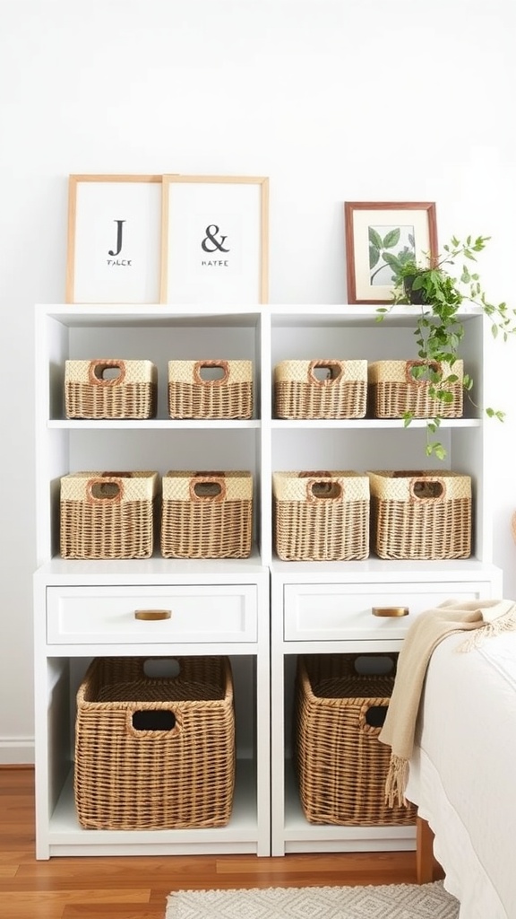 A stylish white bookshelf with woven baskets and decorative frames in a cozy bedroom.