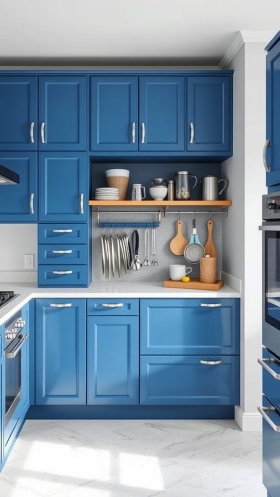 Blue kitchen cabinets with functional storage solutions