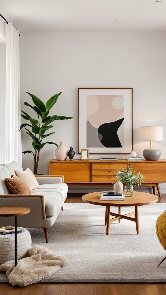 A stylish Boho mid-century modern living room featuring a sofa, coffee table, and indoor plants.