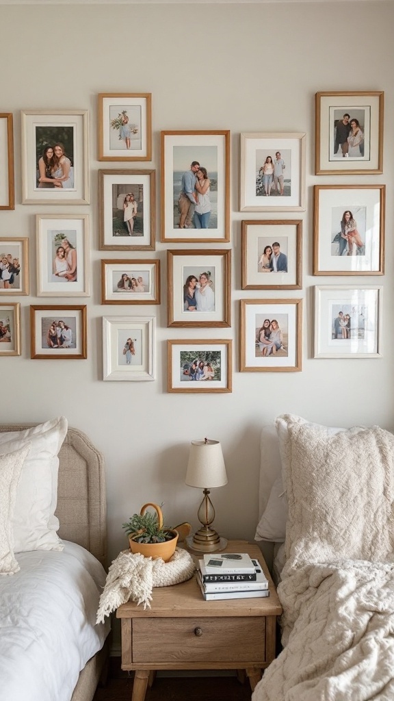 Gallery wall filled with personal photos in a cozy bedroom setting.