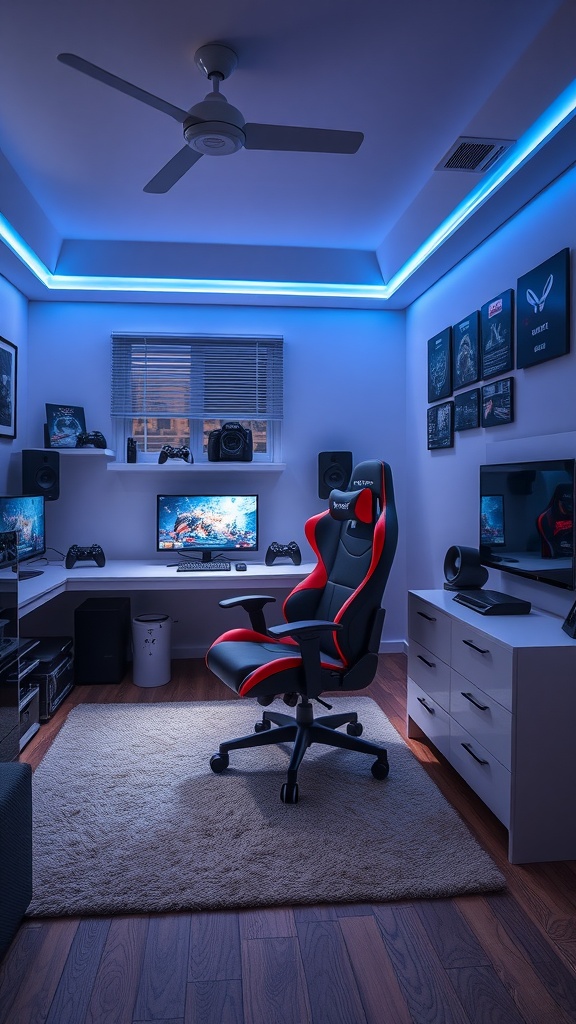 A stylish gaming setup featuring a red and black gaming chair, dual monitors, and blue LED lighting.