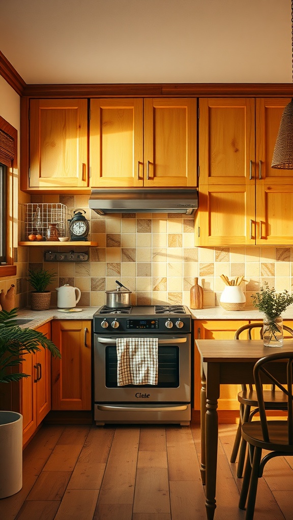 A cozy kitchen featuring golden wheat cabinets, a stove, and wooden elements