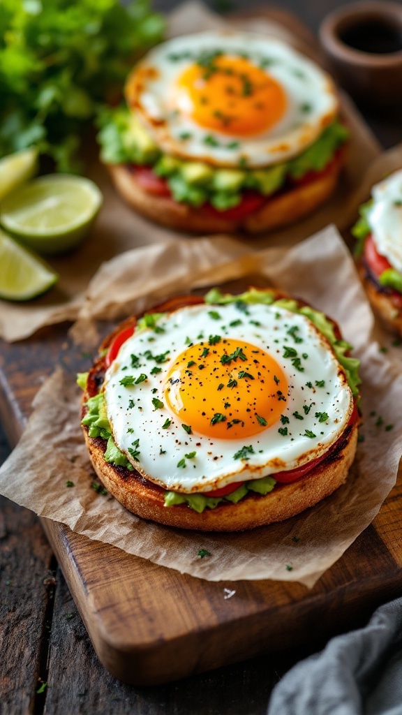 A gourmet breakfast sandwich with a fried egg, greens, and tomatoes on a wooden board