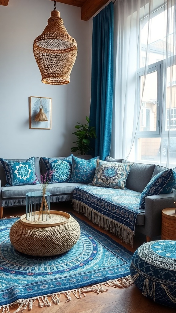 A cozy living room featuring blue handcrafted textiles, including cushions, a rug, and poufs.