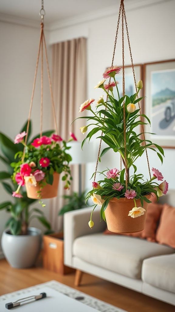 Living room with hanging planters containing colorful flowers