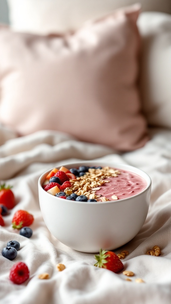 A healthy smoothie bowl topped with fruits and granola, placed on a bed with soft pillows.