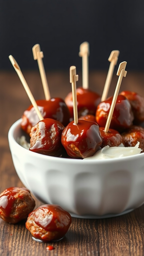 Delicious homemade meatballs in BBQ sauce served in a bowl with toothpicks