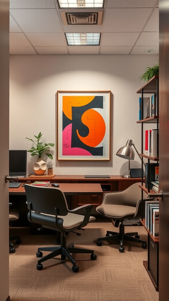 A small home office featuring a colorful artwork on the wall, a desk with a computer, and two ergonomic chairs.