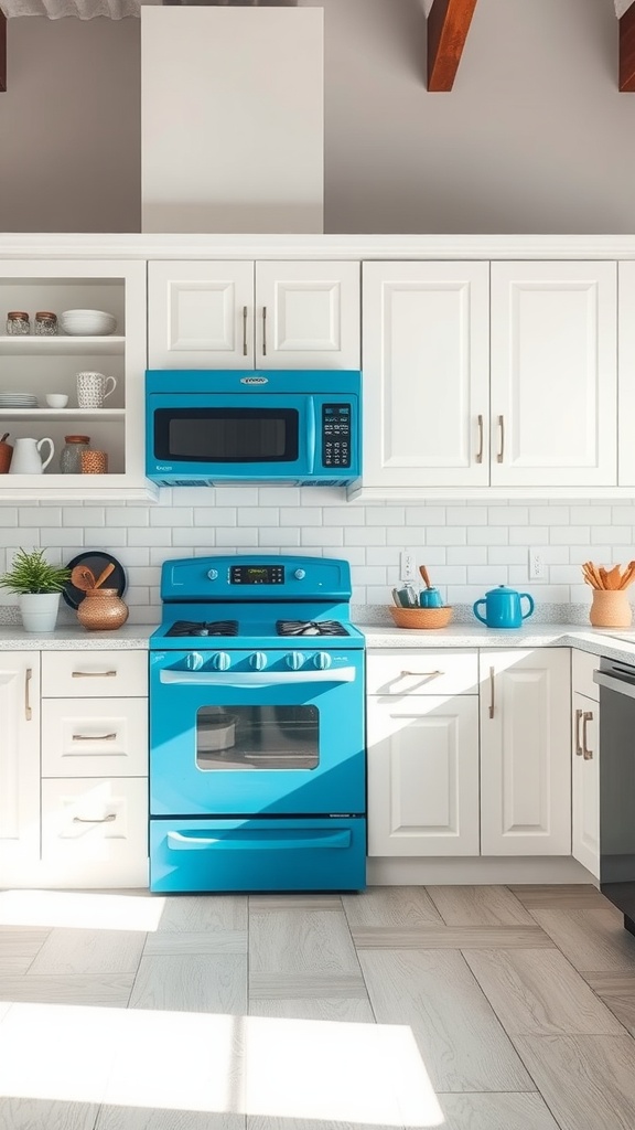 A bright kitchen featuring blue appliances, including a stove and microwave, against white cabinets.