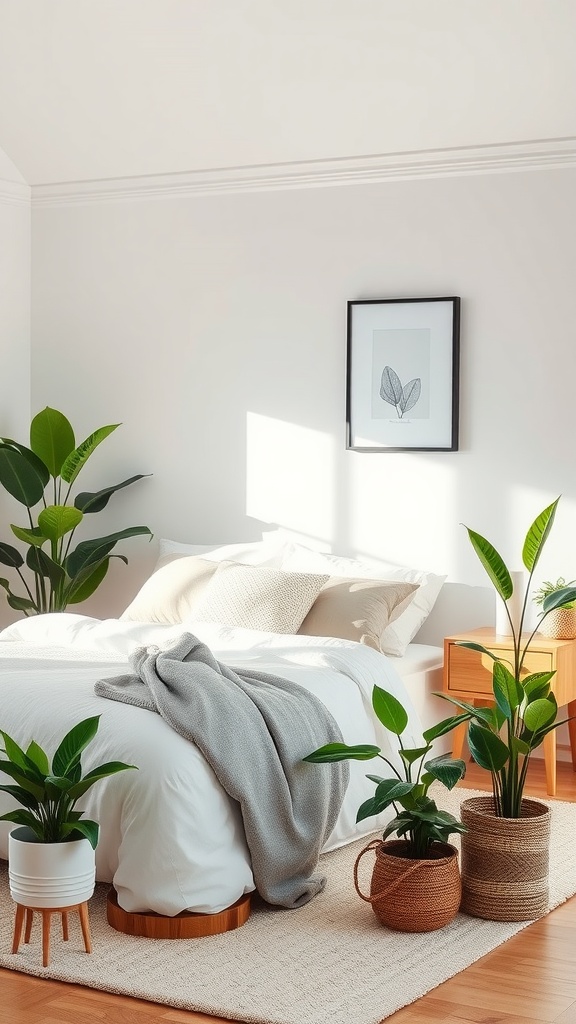 Cozy bedroom with indoor plants, neutral decor, and natural light