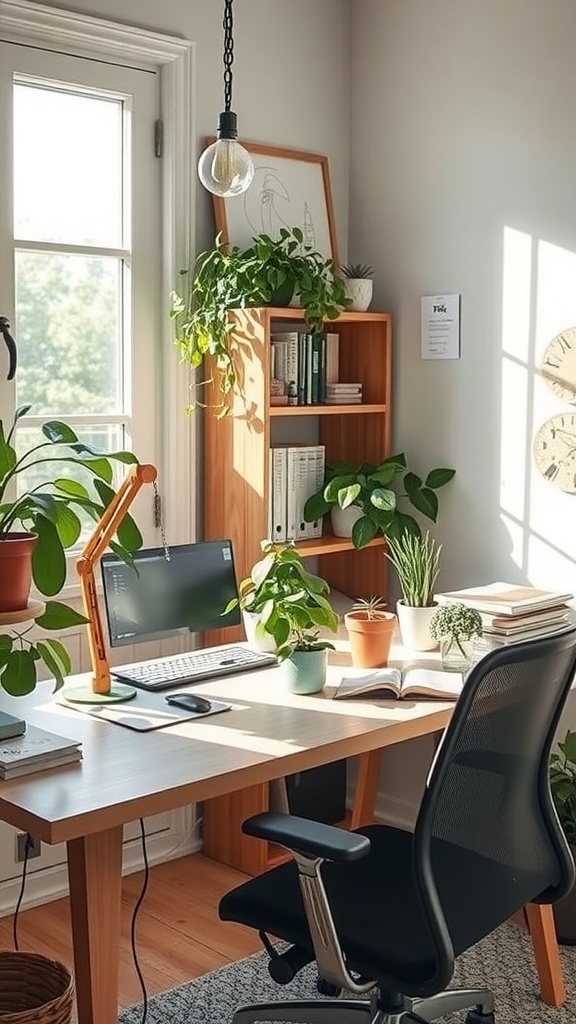 A bright and inviting small home office with plants, a desk, and a window allowing natural light.