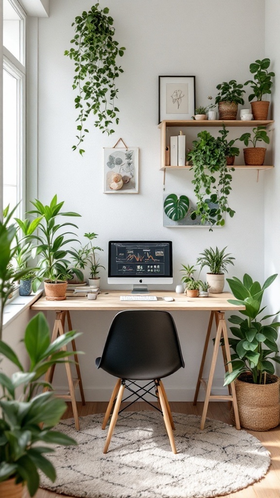 A small home office with two computer monitors, surrounded by various indoor plants