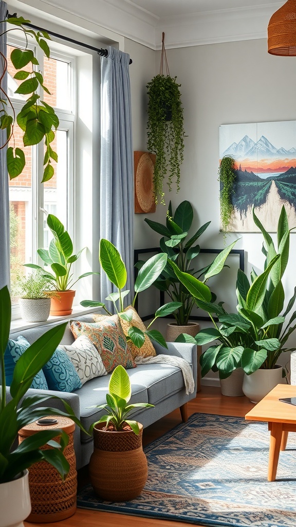 A bright blue boho living room with various plants, showcasing a cozy sofa and a rug.