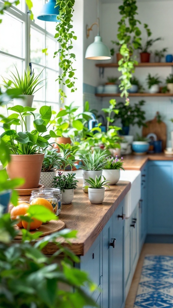 A bright blue and white kitchen with various indoor plants on the counter and shelves.