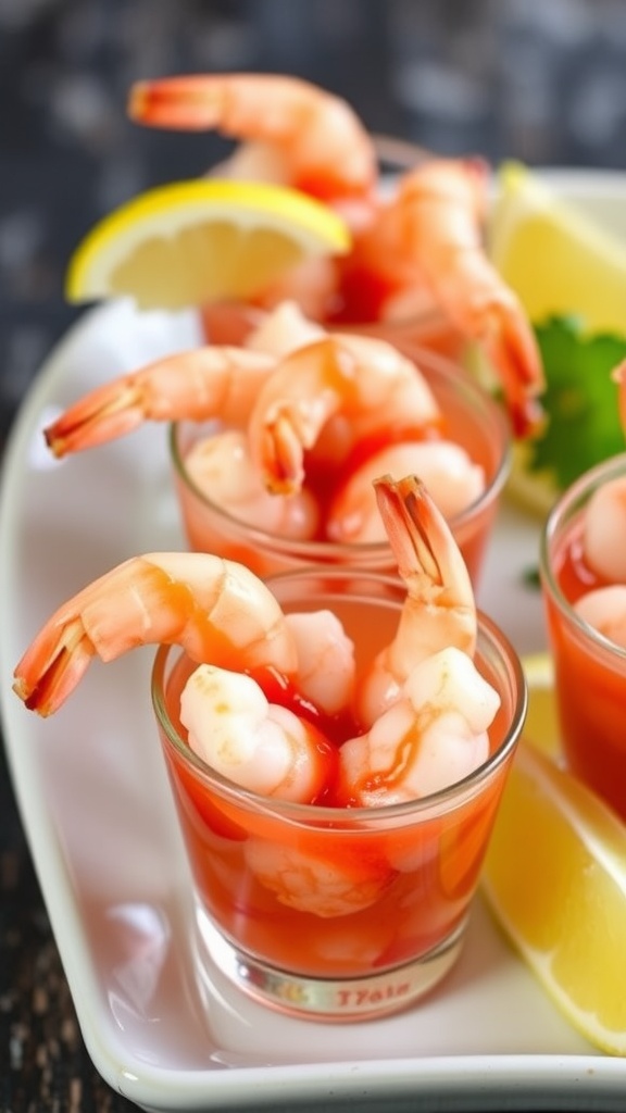 Colorful individual shrimp cocktail cups with shrimp, cocktail sauce, and garnishes.