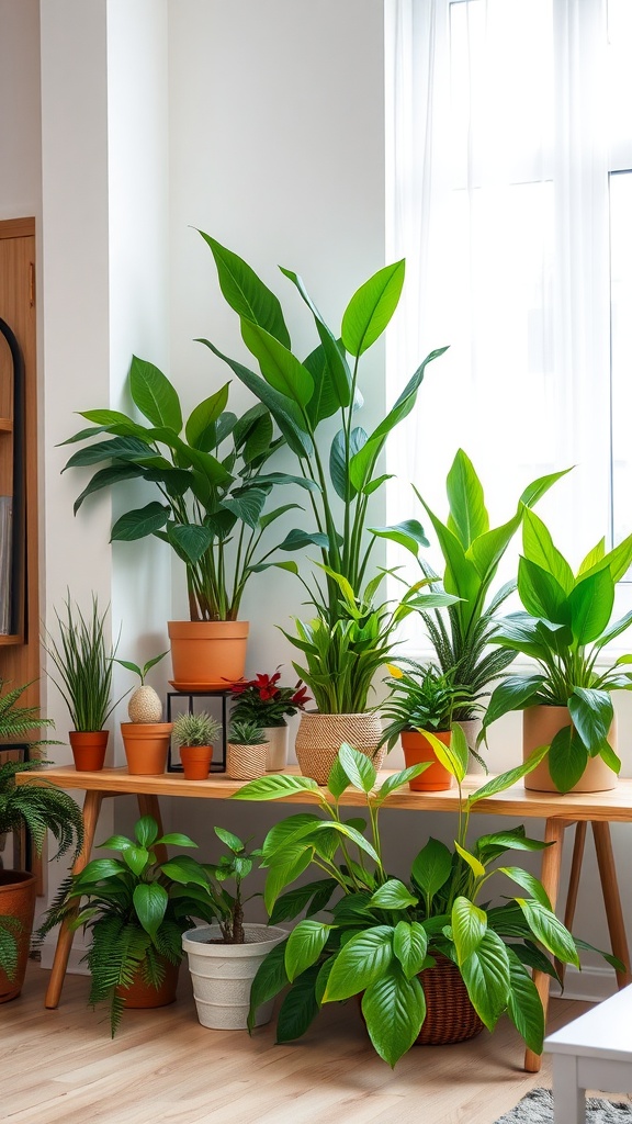 A vibrant indoor plant display on a wooden table featuring various green plants in different pots.