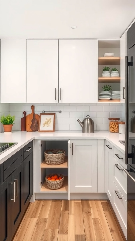 A modern kitchen with black and white cabinets, featuring innovative storage solutions.