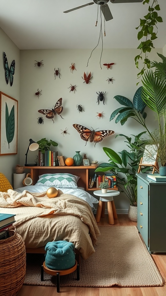 A stylish boy's bedroom with insect wall decor, plants, and a cozy bed.