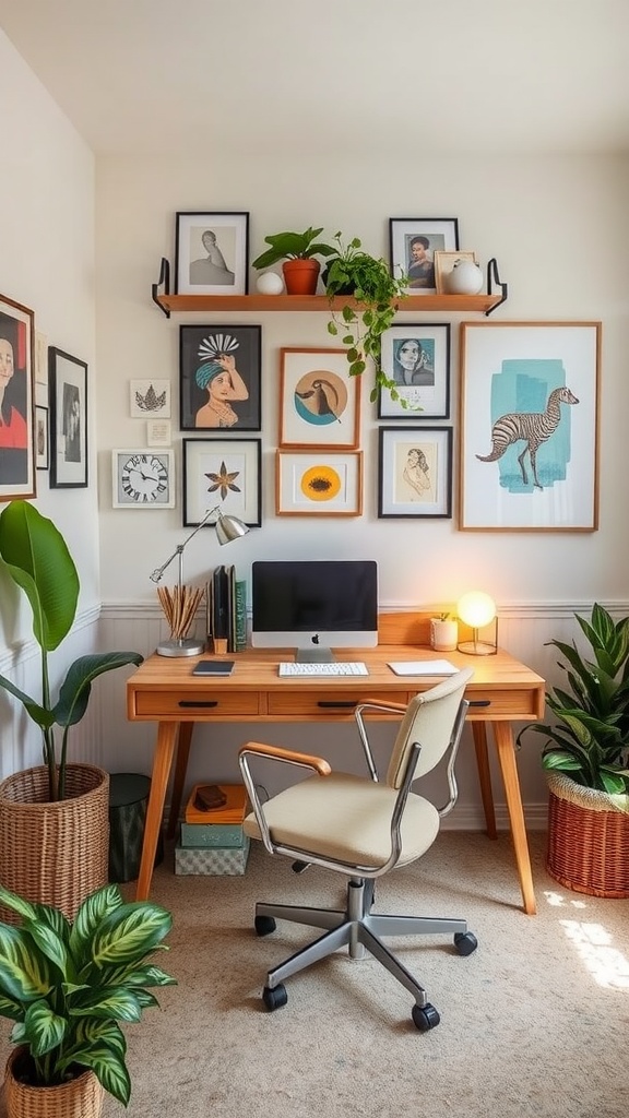 A small home office featuring a wooden desk, plants, and framed artwork on the wall.