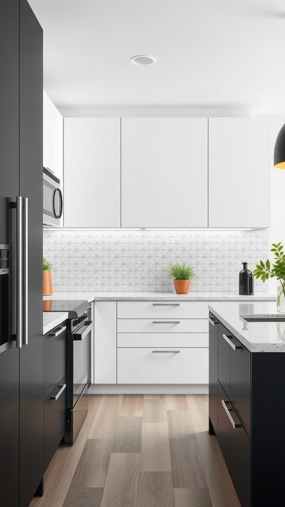 Modern kitchen featuring a blend of white and black cabinets with integrated smart technology.