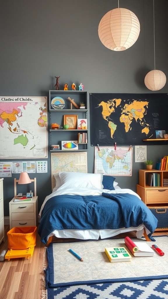 A boy's bedroom featuring interactive learning elements like maps, books, and colorful toys.