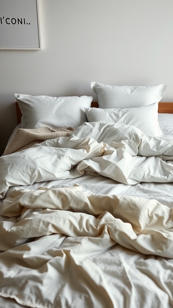 Cozy layered bedding with neutral tones and textures