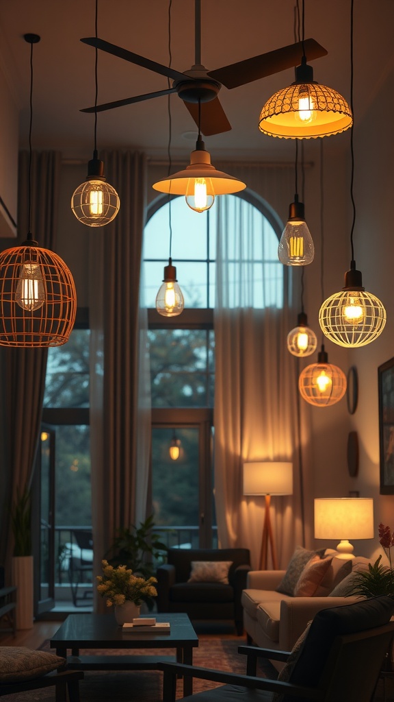 A living room featuring various hanging lights and a floor lamp, creating a warm ambiance.