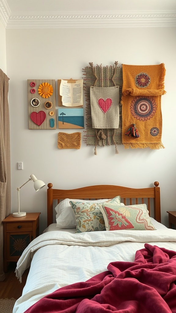 A cozy bedroom wall decorated with layered textile art, featuring colorful fabrics, heart motifs, and a small painting.