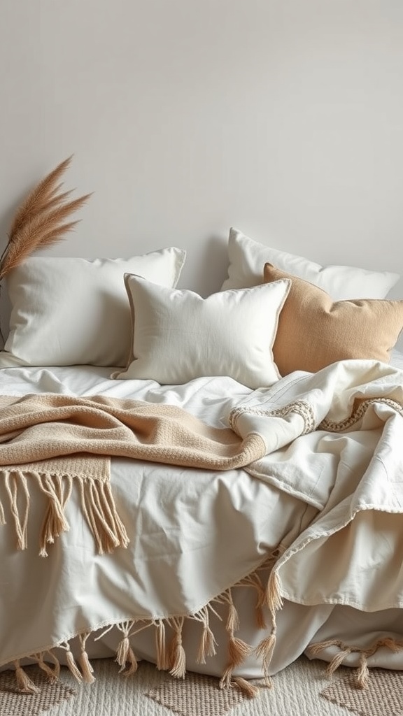 Cozy bedroom with layered textiles including pillows and blankets in neutral colors