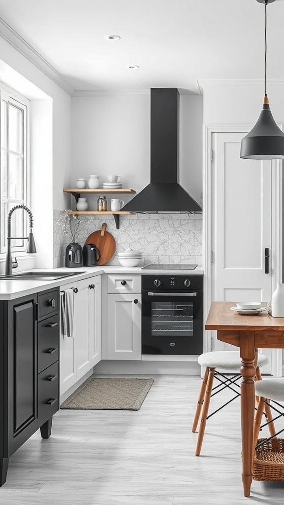 Modern kitchen featuring white and black decor with layered textures