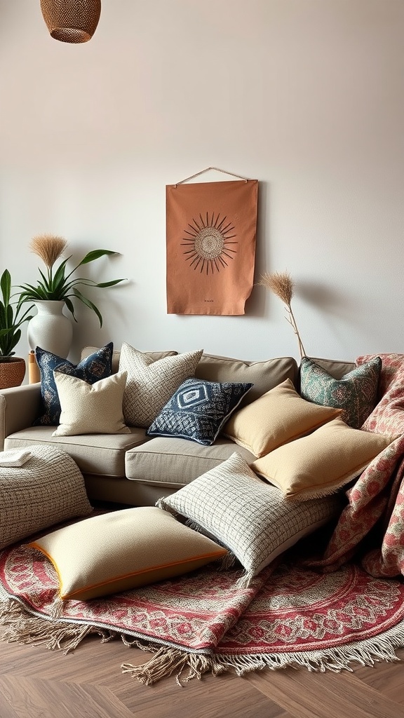 Cozy blue boho living room with layered cushions on a couch and a patterned rug on the floor.