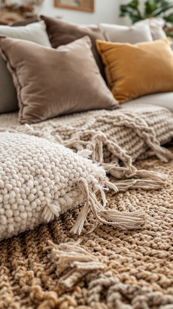 A cozy Boho Mid-Century Modern living room with soft cushions, a chunky knit throw, and a natural fiber rug.