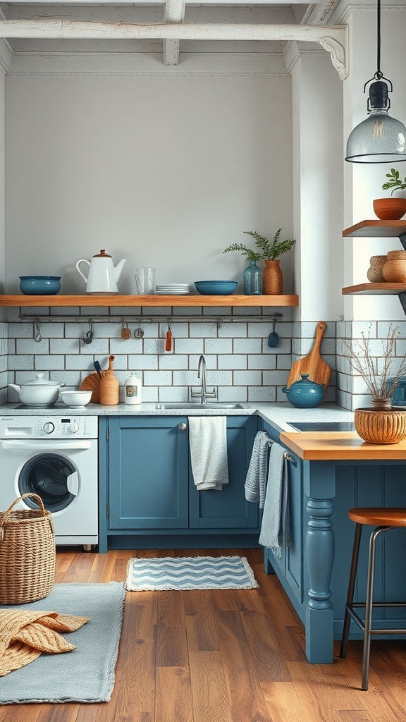 A cozy blue and white kitchen with wooden shelves and a mix of textures.