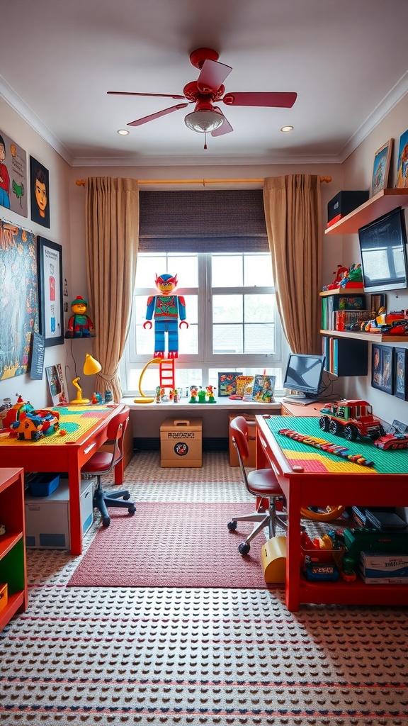 A boy's bedroom featuring two red tables with Lego building areas, colorful Lego toys, and a cozy atmosphere.