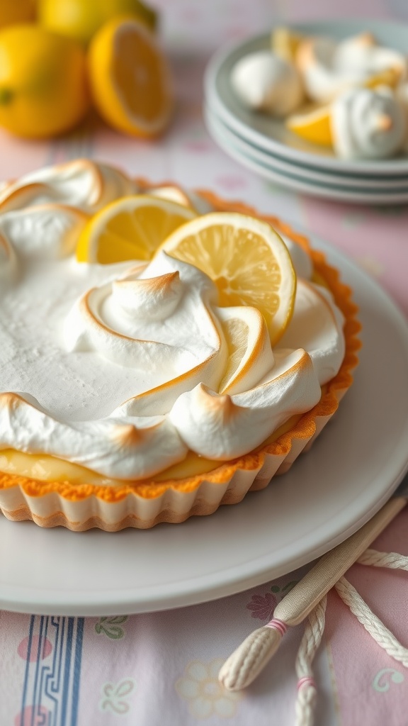 A beautiful lemon meringue tart garnished with lemon slices and whipped cream.