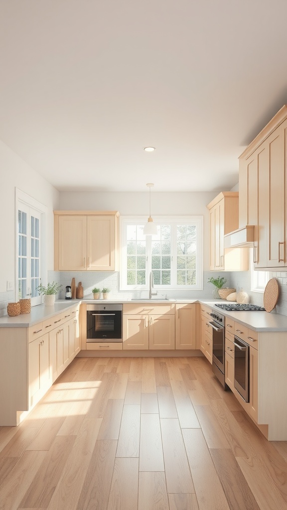 Light fawn kitchen cabinets in a bright and open kitchen space