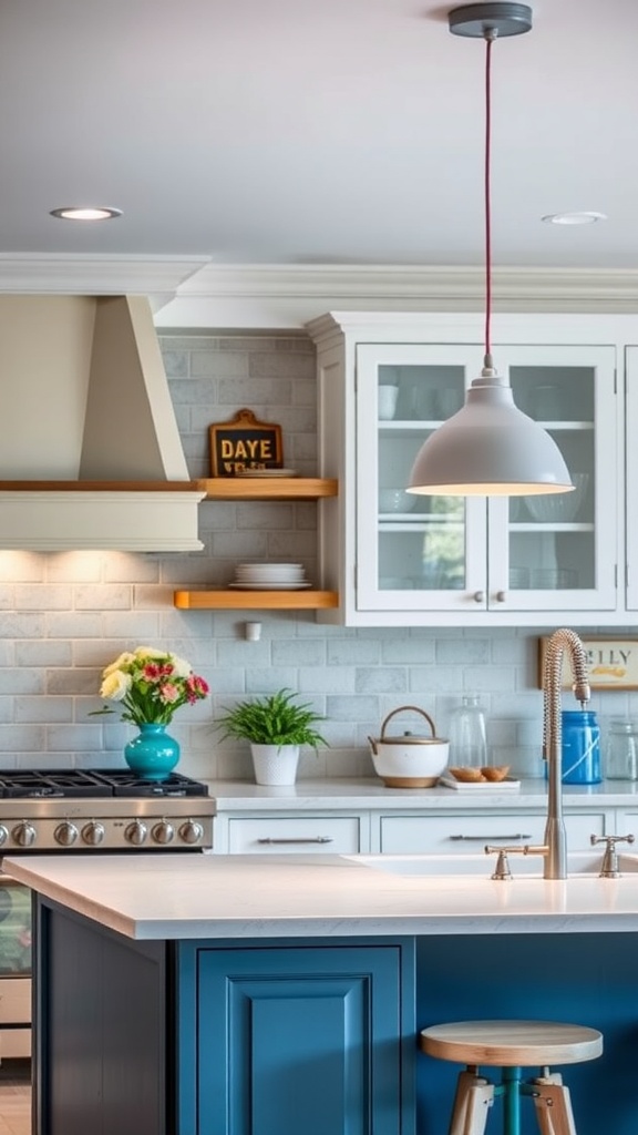 A bright blue and white kitchen featuring a blue island, white cabinetry, and stylish pendant lighting.